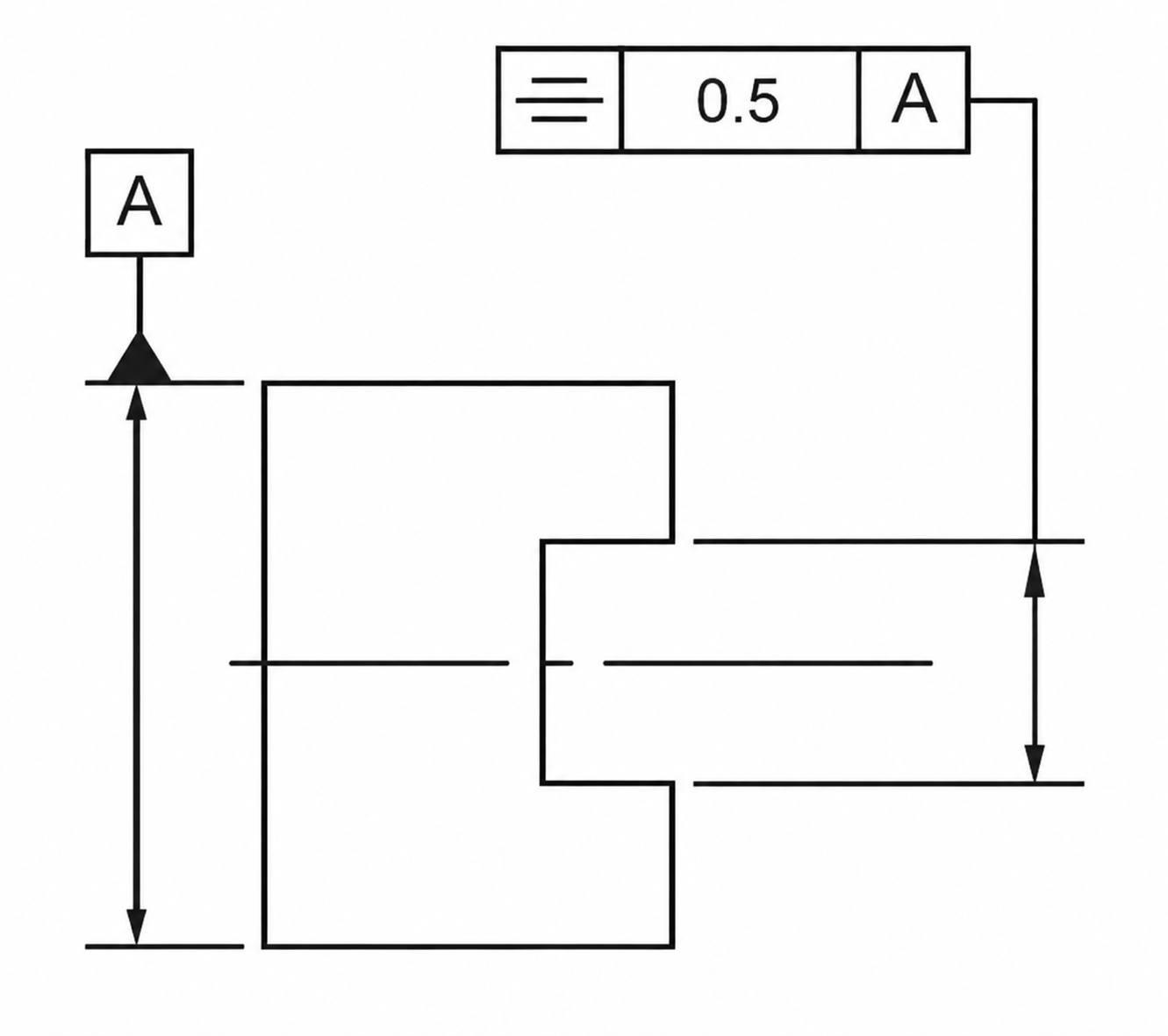 U-shaped part with a symmetry frame of 0.5 relative to datum A, applied to the slot